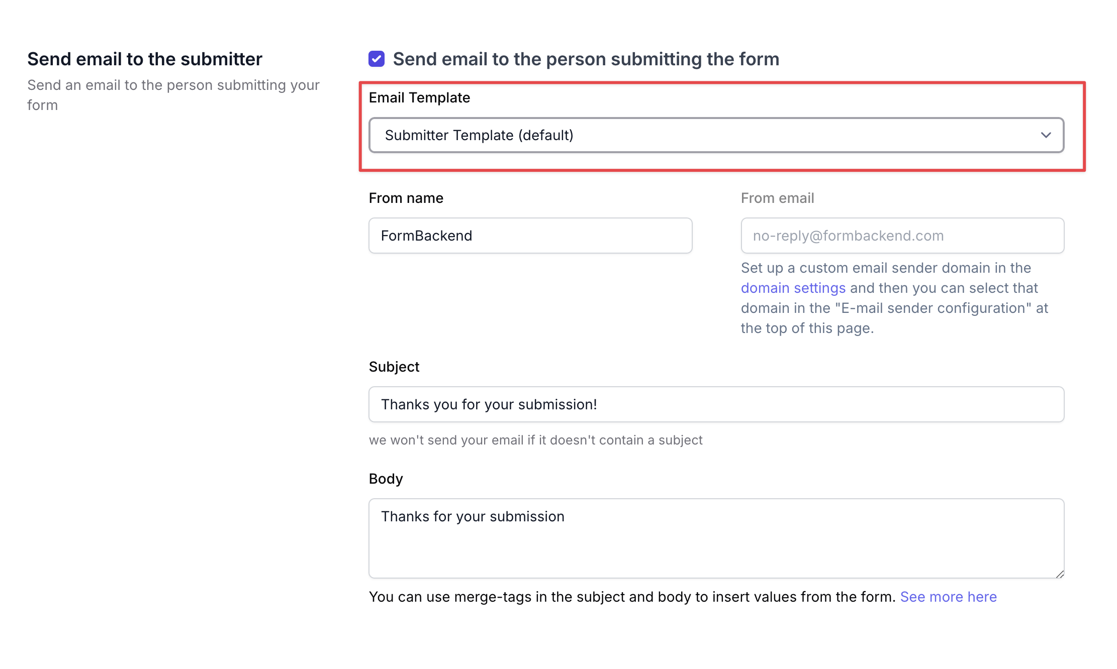 Select custom submitter template