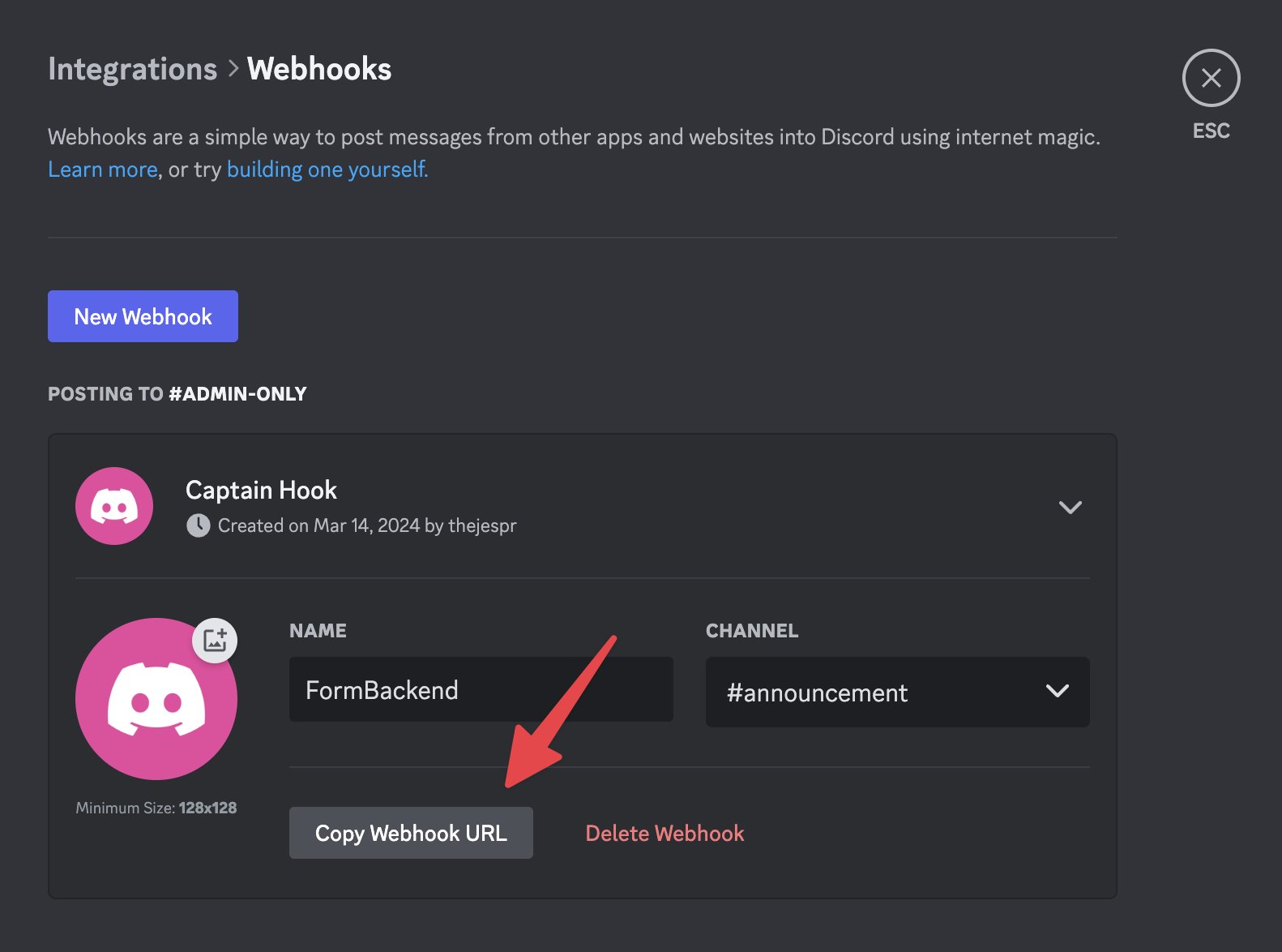 Copy the webhook url that points at Discord