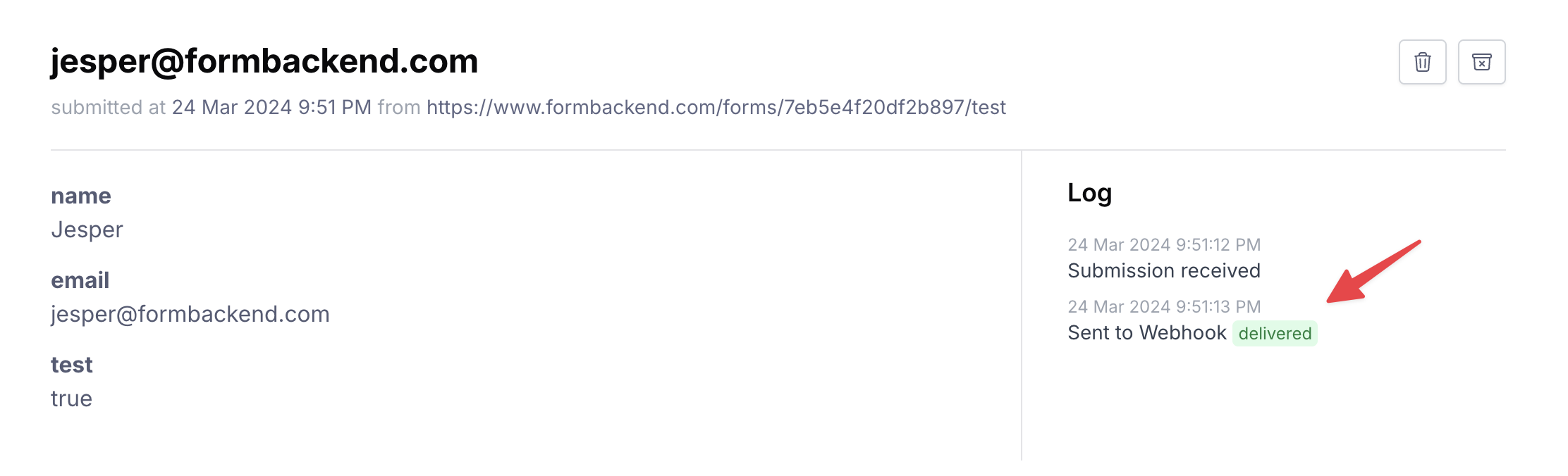 Submission log entry showing it was sent to the webhook