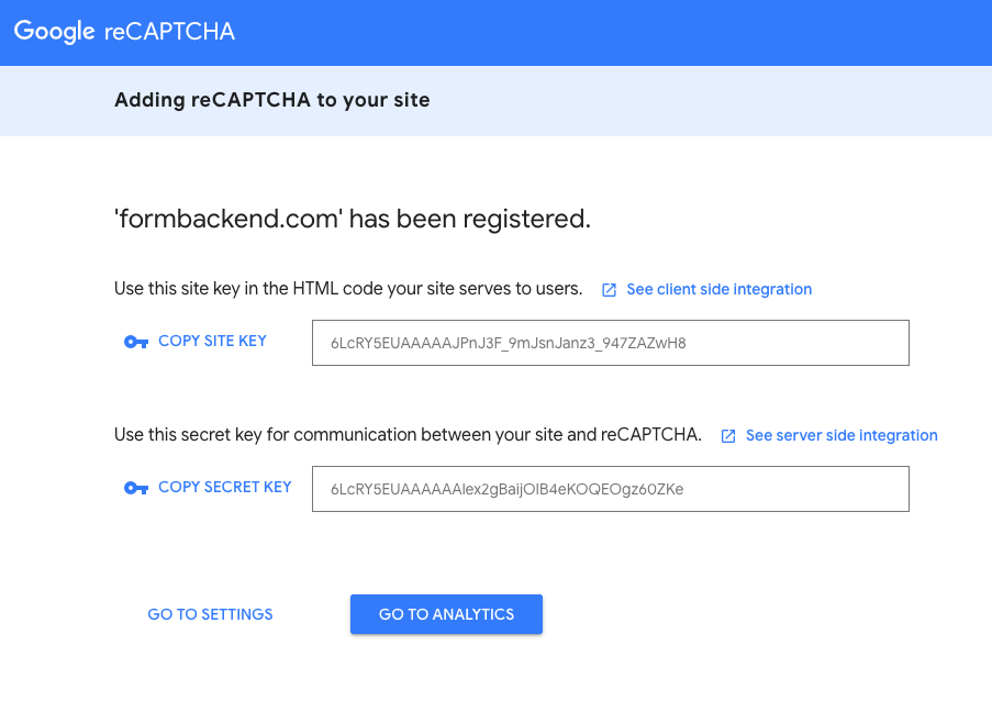 Shows Google reCAPTCHA credentials